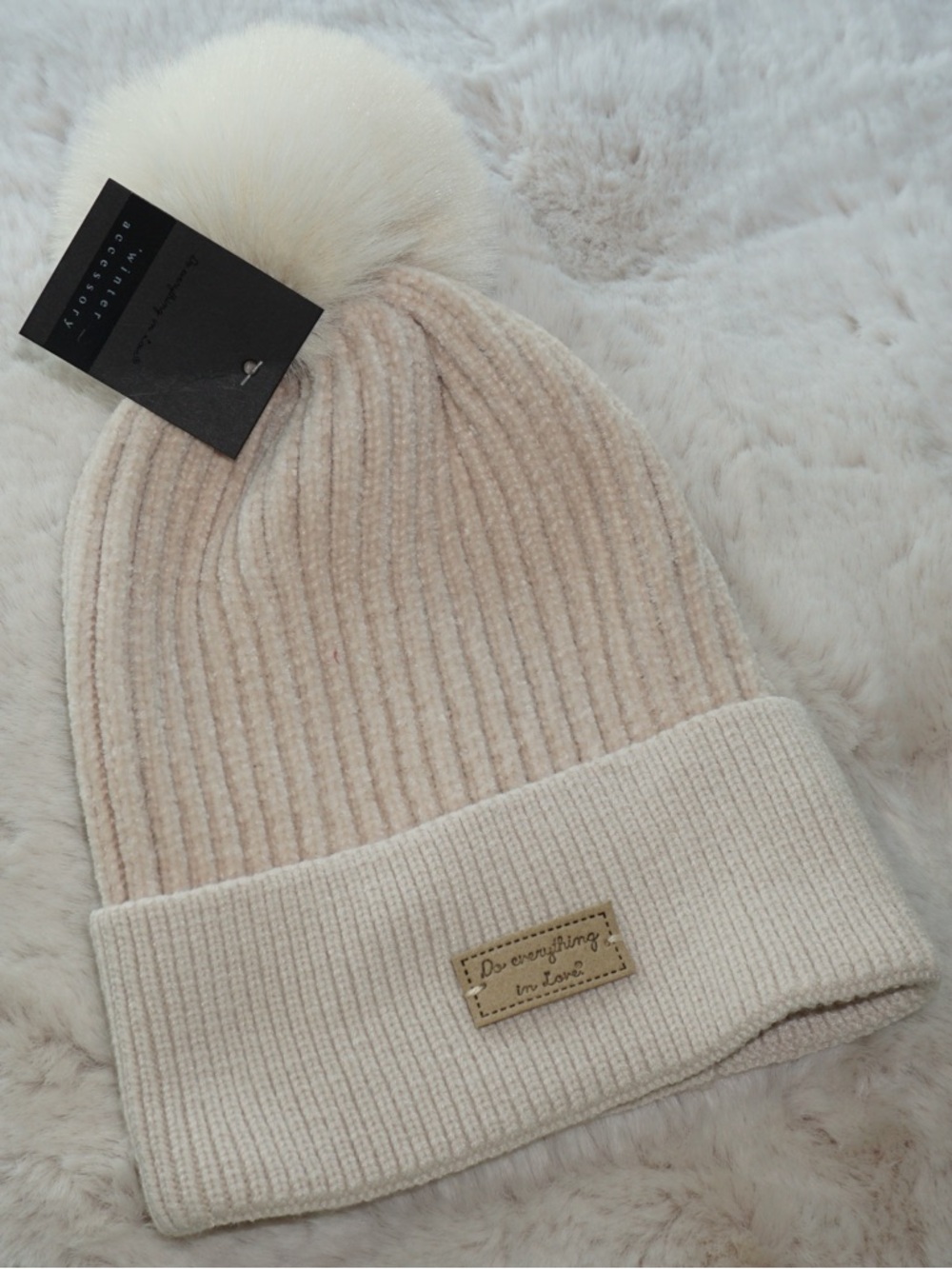 Do Everything In Love Cream Ribbed Pom Pom Beanie